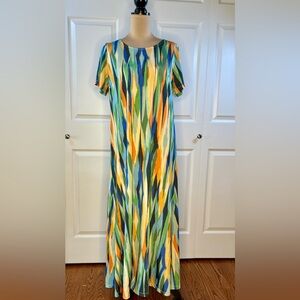 Green and Blue Casual Sundress with Crew Neck and Short Sleeves